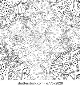 Tracery seamless pattern. Mehndi design. Ethnic monochrome binary doodle texture. Curved doodling black and white background. Vector
