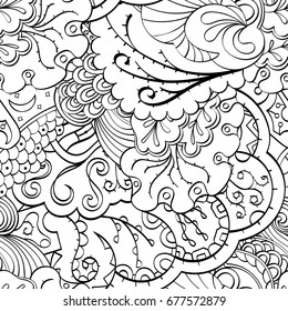 Tracery seamless pattern. Mehndi design. Ethnic monochrome binary doodle texture. Curved doodling black and white background. Vector