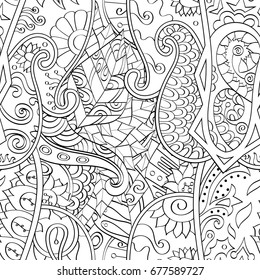 Tracery seamless pattern. Mehndi design. Ethnic monochrome binary doodle texture. Curved doodling black and white background. Vector