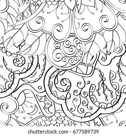 Tracery seamless pattern. Mehndi design. Ethnic monochrome binary doodle texture. Curved doodling black and white background. Vector