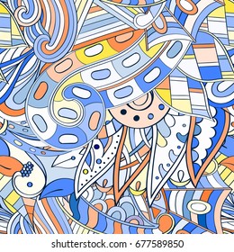 Tracery seamless pattern. Mehndi design. Ethnic colorful doodle texture. Curved doodling background. Vector