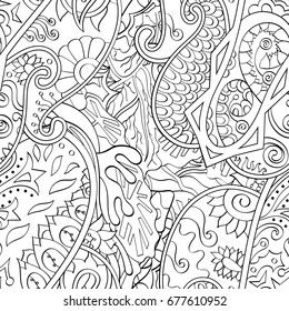 Tracery seamless pattern. Mehndi design. Ethnic monochrome binary doodle texture. Curved doodling black and white background. Vector