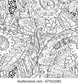 Tracery seamless pattern. Mehndi design. Ethnic monochrome binary doodle texture. Curved doodling black and white background. Vector