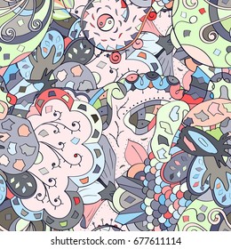 Tracery seamless pattern. Mehndi design. Ethnic colorful doodle texture. Curved doodling background. Vector