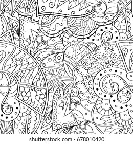 Tracery seamless pattern. Mehndi design. Ethnic monochrome binary doodle texture. Curved doodling black and white background. Vector