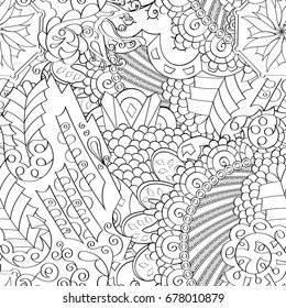 Tracery seamless pattern. Mehndi design. Ethnic monochrome binary doodle texture. Curved doodling black and white background. Vector