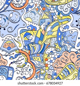 Tracery seamless pattern. Mehndi design. Ethnic colorful doodle texture. Curved doodling background. Vector