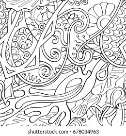 Tracery seamless pattern. Mehndi design. Ethnic monochrome binary doodle texture. Curved doodling black and white background. Vector