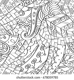Tracery seamless pattern. Mehndi design. Ethnic monochrome binary doodle texture. Curved doodling black and white background. Vector