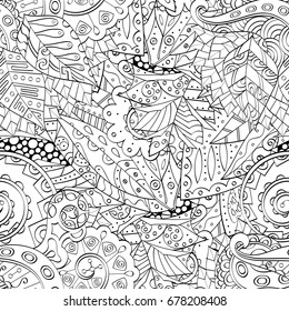 Tracery seamless pattern. Mehndi design. Ethnic monochrome binary doodle texture. Curved doodling black and white background. Vector
