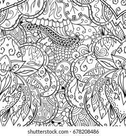 Tracery seamless pattern. Mehndi design. Ethnic monochrome binary doodle texture. Curved doodling black and white background. Vector