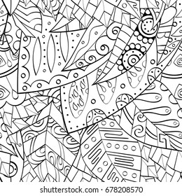 Tracery seamless pattern. Mehndi design. Ethnic monochrome binary doodle texture. Curved doodling black and white background. Vector
