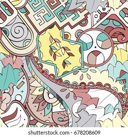 Tracery seamless pattern. Mehndi design. Ethnic colorful doodle texture. Curved doodling background. Vector