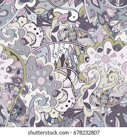 Tracery seamless pattern. Mehndi design. Ethnic colorful doodle texture. Curved doodling background. Vector