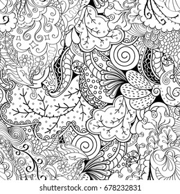 Tracery seamless pattern. Mehndi design. Ethnic monochrome binary doodle texture. Curved doodling black and white background. Vector