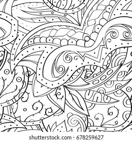 Tracery seamless pattern. Mehndi design. Ethnic monochrome binary doodle texture. Curved doodling black and white background. Vector