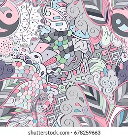 Tracery seamless pattern. Mehndi design. Ethnic colorful doodle texture. Curved doodling background. Vector