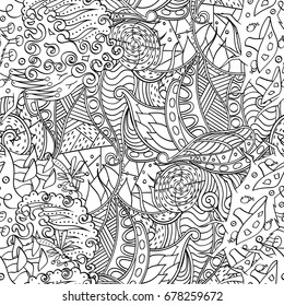 Tracery seamless pattern. Mehndi design. Ethnic monochrome binary doodle texture. Curved doodling black and white background. Vector