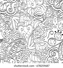Tracery seamless pattern. Mehndi design. Ethnic monochrome binary doodle texture. Curved doodling black and white background. Vector