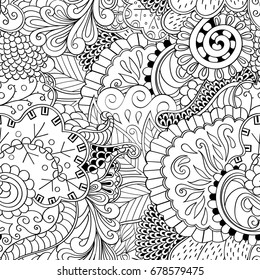 Tracery seamless pattern. Mehndi design. Ethnic monochrome binary doodle texture. Curved doodling black and white background. Vector