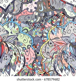 Tracery seamless pattern. Mehndi design. Ethnic colorful doodle texture. Curved doodling background. Vector