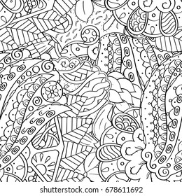 Tracery seamless pattern. Mehndi design. Ethnic monochrome binary doodle texture. Curved doodling black and white background. Vector