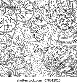Tracery seamless pattern. Mehndi design. Ethnic monochrome binary doodle texture. Curved doodling black and white background. Vector