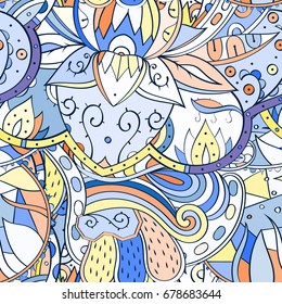 Tracery seamless pattern. Mehndi design. Ethnic colorful doodle texture. Curved doodling background. Vector