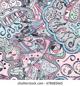 Tracery seamless pattern. Mehndi design. Ethnic colorful doodle texture. Curved doodling background. Vector