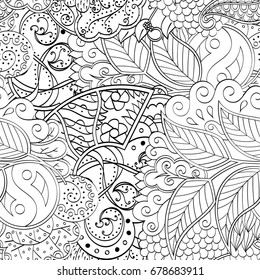 Tracery seamless pattern. Mehndi design. Ethnic monochrome binary doodle texture. Curved doodling black and white background. Vector
