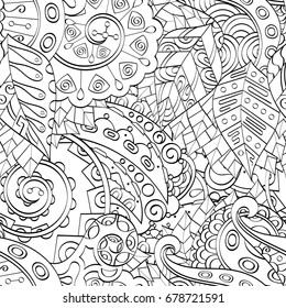 Tracery seamless pattern. Mehndi design. Ethnic monochrome binary doodle texture. Curved doodling black and white background. Vector