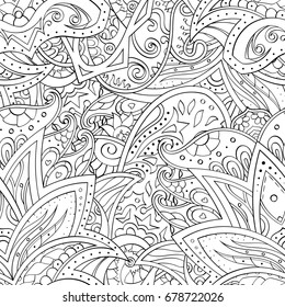 Tracery seamless pattern. Mehndi design. Ethnic monochrome binary doodle texture. Curved doodling black and white background. Vector