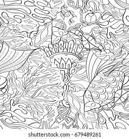 Tracery seamless pattern. Mehndi design. Ethnic monochrome binary doodle texture. Curved doodling black and white background. Vector
