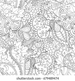 Tracery seamless pattern. Mehndi design. Ethnic monochrome binary doodle texture. Curved doodling black and white background. Vector