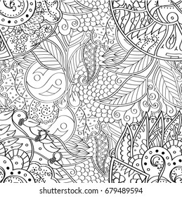 Tracery seamless pattern. Mehndi design. Ethnic monochrome binary doodle texture. Curved doodling black and white background. Vector