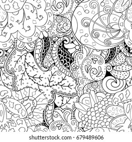 Tracery seamless pattern. Mehndi design. Ethnic monochrome binary doodle texture. Curved doodling black and white background. Vector