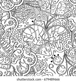 Tracery seamless pattern. Mehndi design. Ethnic monochrome binary doodle texture. Curved doodling black and white background. Vector