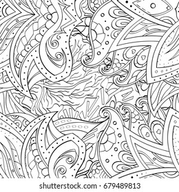 Tracery seamless pattern. Mehndi design. Ethnic monochrome binary doodle texture. Curved doodling black and white background. Vector