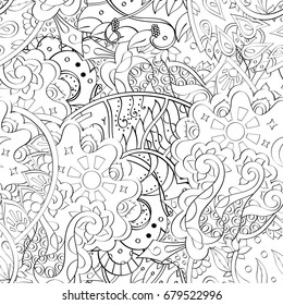 Tracery seamless pattern. Mehndi design. Ethnic monochrome binary doodle texture. Curved doodling black and white background. Vector