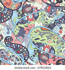 Tracery seamless pattern. Mehndi design. Ethnic colorful doodle texture. Curved doodling background. Vector