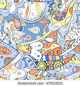 Tracery seamless pattern. Mehndi design. Ethnic colorful doodle texture. Curved doodling background. Vector