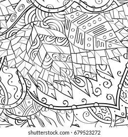 Tracery seamless pattern. Mehndi design. Ethnic monochrome binary doodle texture. Curved doodling black and white background. Vector