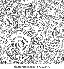 Tracery seamless pattern. Mehndi design. Ethnic monochrome binary doodle texture. Curved doodling black and white background. Vector