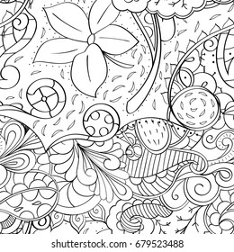 Tracery seamless pattern. Mehndi design. Ethnic monochrome binary doodle texture. Curved doodling black and white background. Vector