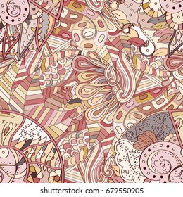 Tracery seamless pattern. Mehndi design. Ethnic colorful doodle texture. Curved doodling background. Vector