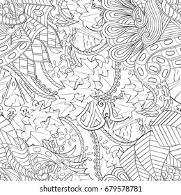 Tracery seamless pattern. Mehndi design. Ethnic monochrome binary doodle texture. Curved doodling black and white background. Vector