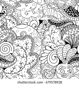 Tracery seamless pattern. Mehndi design. Ethnic monochrome binary doodle texture. Curved doodling black and white background. Vector