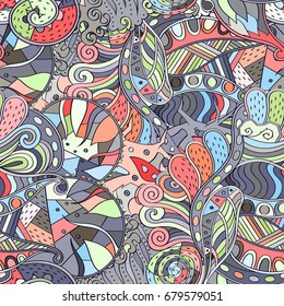 Tracery seamless pattern. Mehndi design. Ethnic colorful doodle texture. Curved doodling background. Vector