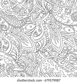 Tracery seamless pattern. Mehndi design. Ethnic monochrome binary doodle texture. Curved doodling black and white background. Vector