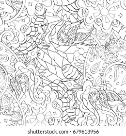 Tracery seamless pattern. Mehndi design. Ethnic monochrome binary doodle texture. Curved doodling black and white background. Vector